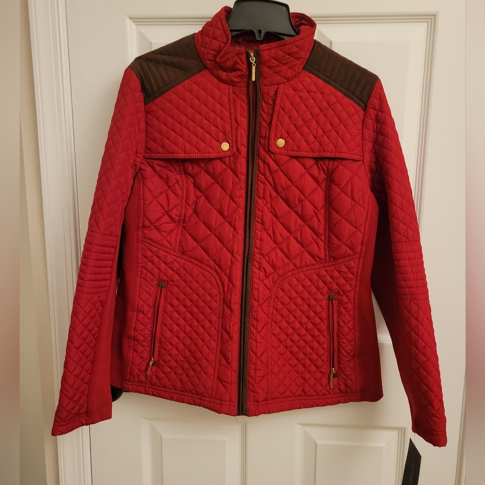 Weatherproof Red Quilted Jacket with Brown Accents